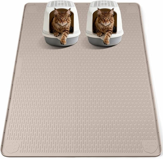 Bartuke Cat Litter Mat, XL Extra Large 57" x 40" Silicone Mat Litter Trapping Mat for Scatter Control, Soft on Kitty Paws, Easy to Clean (Khaki)