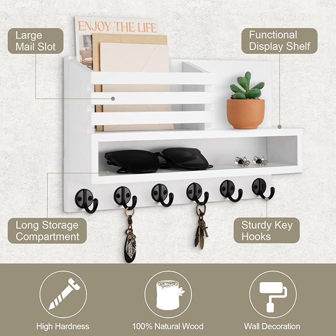 Lucundm Key and Mail Holder Wall Mount, Key Hanger with Long Storage Box and Key Hooks for Coat, Dog Leash, Home Decor Rack, House Accessories, Entry Way Organizer