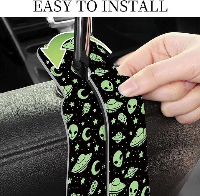 PU Leather Car Seat Hook, Storage Headrest Hanger, Cute Car Backseat Organizer, Car Hooks For Purses and Bags Green Alien Pattern