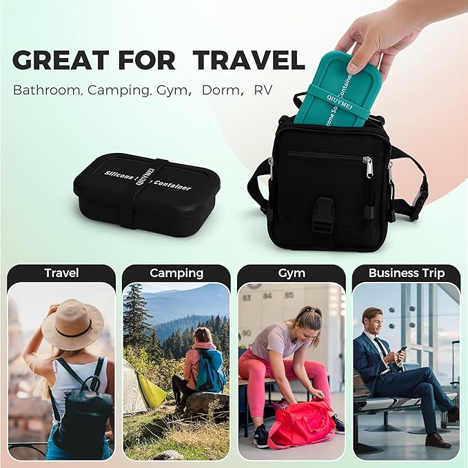 Silicone Soap Holder， Enhanced Leak-Proof Travel Soap Case with Draining Layer，Portable Bar Soap Holder, Travel Soap Container with Soap Bag, Soap Dishes for Bathroom/Camping/Gym (Black)