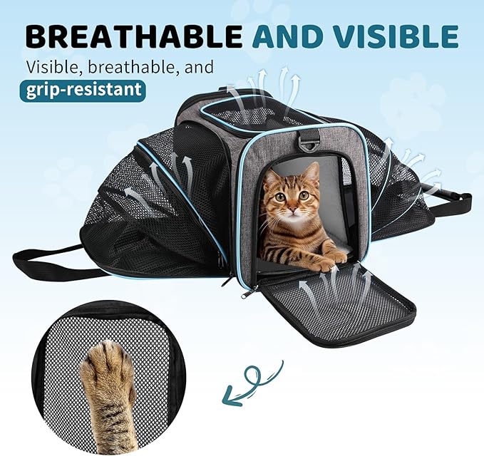 Cat Carrier TSA Airline Approved - Expandable Soft Cat Dog Pet Carrier, Collapsible Pet Travel Bag Carrier with Foldable Pet Bowl for Large Cats Small Medium Dogs for Camping Vet Visiting 17*11*11