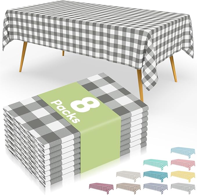 Smiry 8 Packs Gingham Disposable Table Cloth, 54 x 108 Inch Waterproof Plastic Tablecloth, Rectangle Grey and White Checkered Table Covers for Party, Birthday, Picnic, Banquet