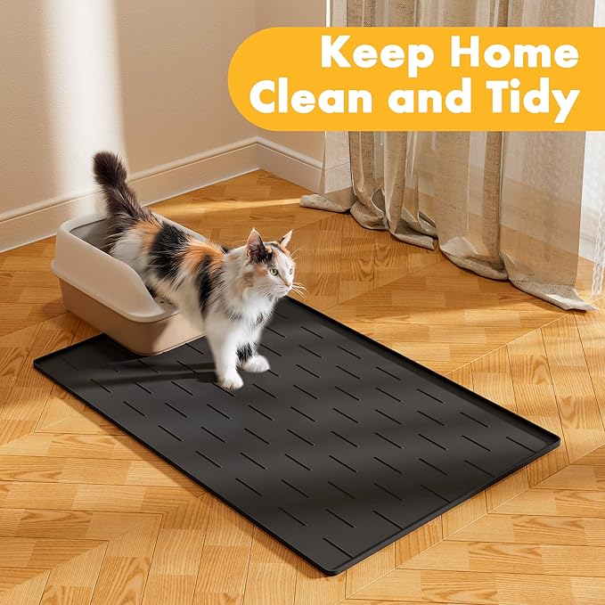 Pieviev Silicone Cat Litter Trapping Mat, 40''x28'' Extra Large Cat Litter Mat, Easy to Clean & Soft on Kitty Paws, Waterproof Kitty Litter Pads for Indoor Cats, Black