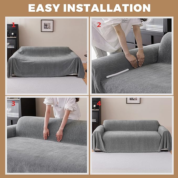 Chenille Couch Cover for 3 Cushion Sofa Pet Friendly Furniture Covers, Boho Sofa Covers Washable L Shape 3 Seater Couch Cover, 71"x 150", Grey