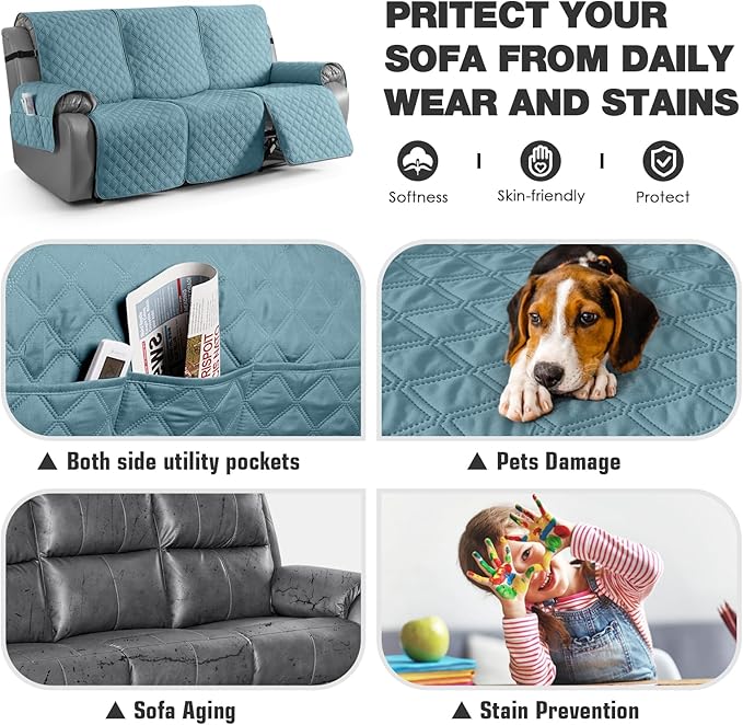 TAOCOCO 100% Waterproof Recliner Couch Covers, Recliner Sofa Covers with Leg Straps, 1-Piece Washable Reclining Sofa Cover with Pocket Couch Protector for Pets Kids(3 Seater, Sky Blue)