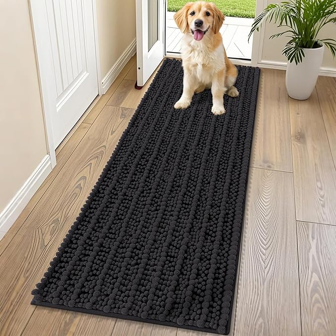 Smiry Dog Door Mat for Muddy Paws 70x24, Extra Soft Absorbent Chenille Doormat, Trap Moisture and Dirt, Non-Slip Machine Washable Front Door Mat for Indoor Entrance Inside Floor, Black