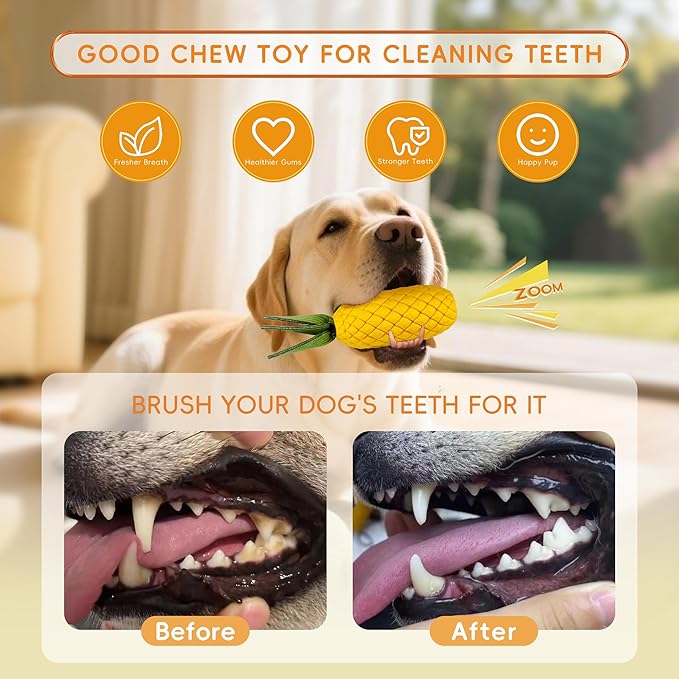 Pineapple Dog Chew Toys for Aggressive Chewers, Indestructible Dog Toy with Squeaker, Tough Durable Nature Rubber for Large Breed Dogs, Interactive Play, Puppy Teeth Cleaning