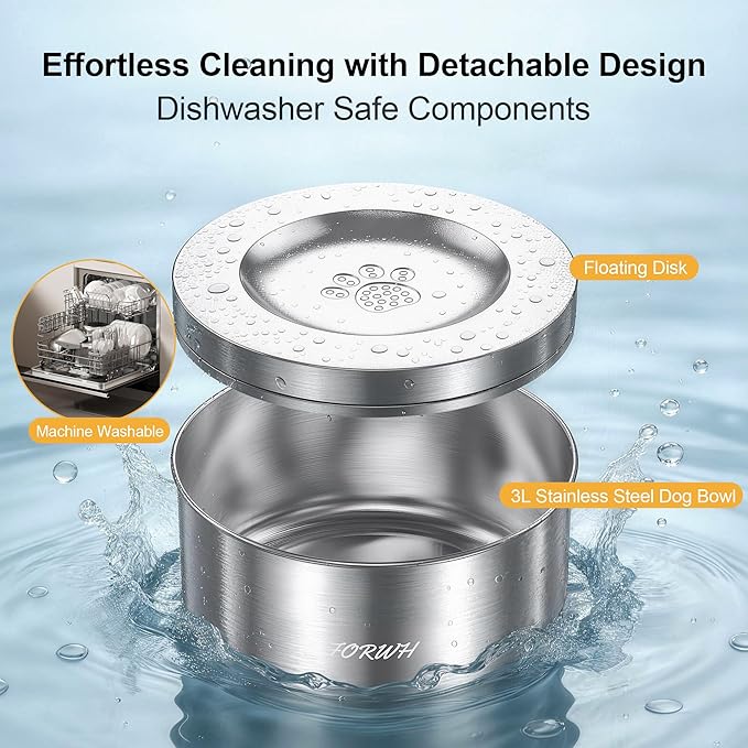 Stainless Steel Dog Water Bowl No Spill, 101OZ/3L Large Capacity Pet Water Dispenser with Floating Disk, Non-Slip Slow Drink Feeder for Cat, Anti-Gulping & Splash Proof for Travel, Car & Home