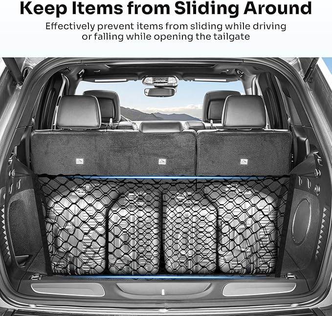 Trunk Cargo Net for 2011-2021 Jeep Grand Cherokee Accessories Envelope Style Mesh Trunk Net Organizer and Storage Stretchable Adjustable Elastic Nylon Rear Cargo Netting with Hooks