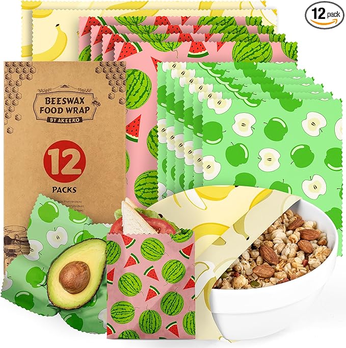 Akeeko Reusable Beeswax Food Wraps - Assorted 12 Pack, Reusable, Plastic-Free Food Storage, Sustainable Gifts, 3 Sizes (6S,4M,2L)