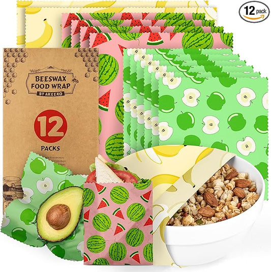 Akeeko Reusable Beeswax Food Wraps - Assorted 12 Pack, Reusable, Plastic-Free Food Storage, Sustainable Gifts, 3 Sizes (6S,4M,2L)