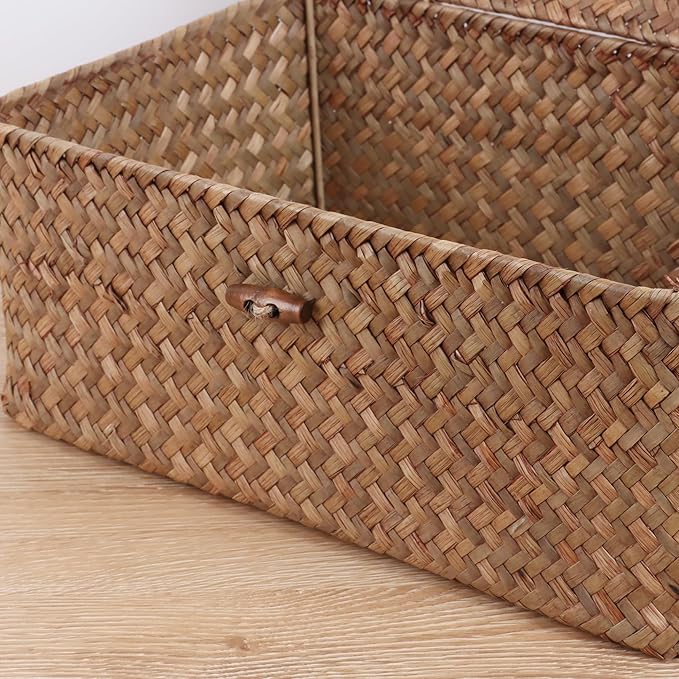 FEIALNDUO Wicker Shelf Baskets with Lid,Seagrass Storage Basket Bins Rectangular Handwoven Basket Boxes for Shelves Desktop Home Organizer (Coffee, Medium)