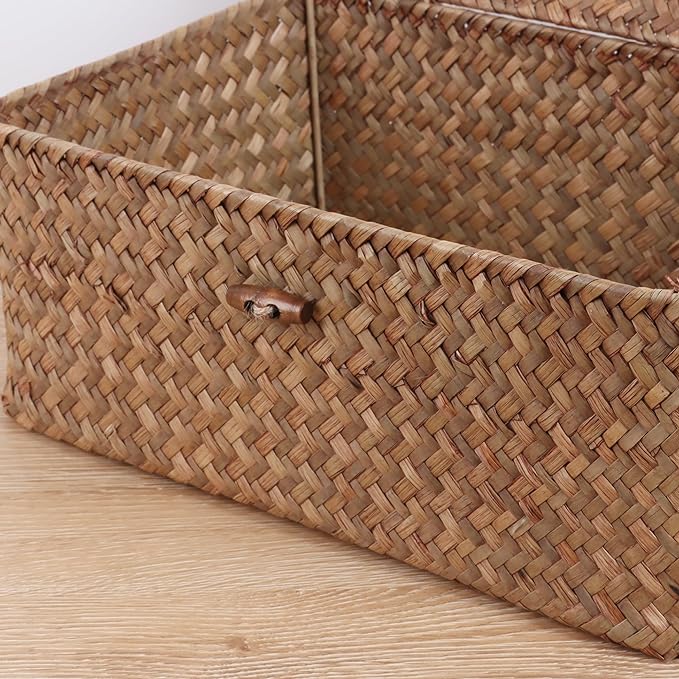 FEIALNDUO Wicker Shelf Baskets with Lid,Seagrass Storage Basket Bins Rectangular Handwoven Basket Boxes for Shelves Desktop Home Organizer (Coffee, Large)