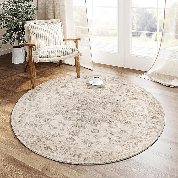 3x3 Washable Neutral Round Rug Beige Vintage Entryway Kitchen Cirlce Rug Non-Slip Soft Low Pile Farmhouse Indoor Carpet for Entrance Bathroom Dining Room
