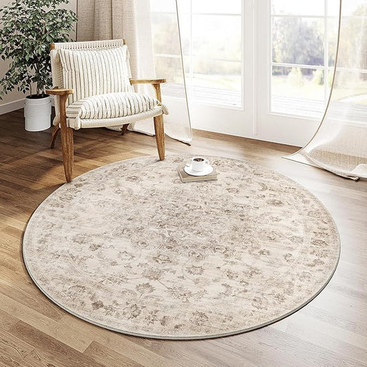 3x3 Washable Neutral Round Rug Beige Vintage Entryway Kitchen Cirlce Rug Non-Slip Soft Low Pile Farmhouse Indoor Carpet for Entrance Bathroom Dining Room