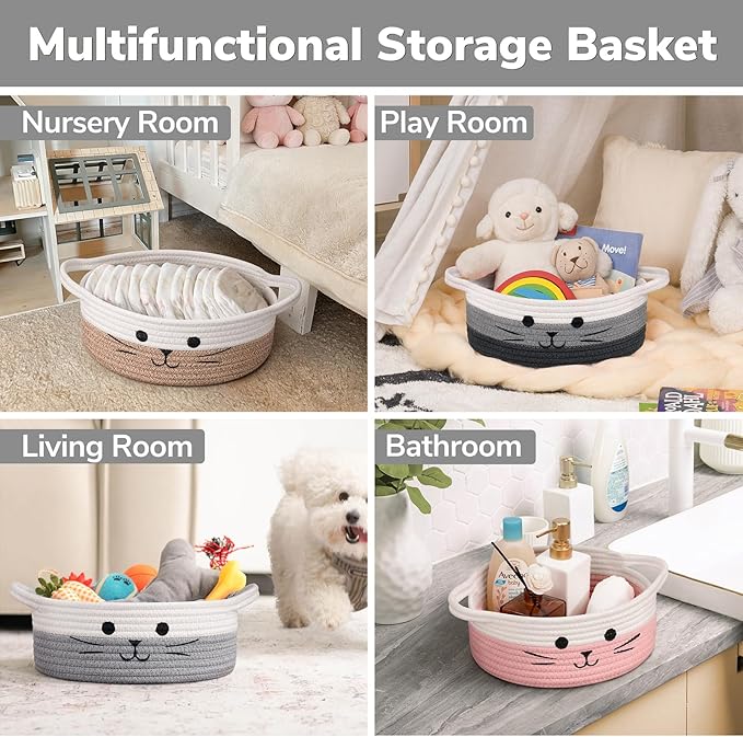 Cute Cat Toy Basket, Small Woven Basket for Organizing Living Room, Decorative Gift Baskets for Baby Shower, Pet Toys Storage, Mixed & Gray, 9.8 x 4 inches