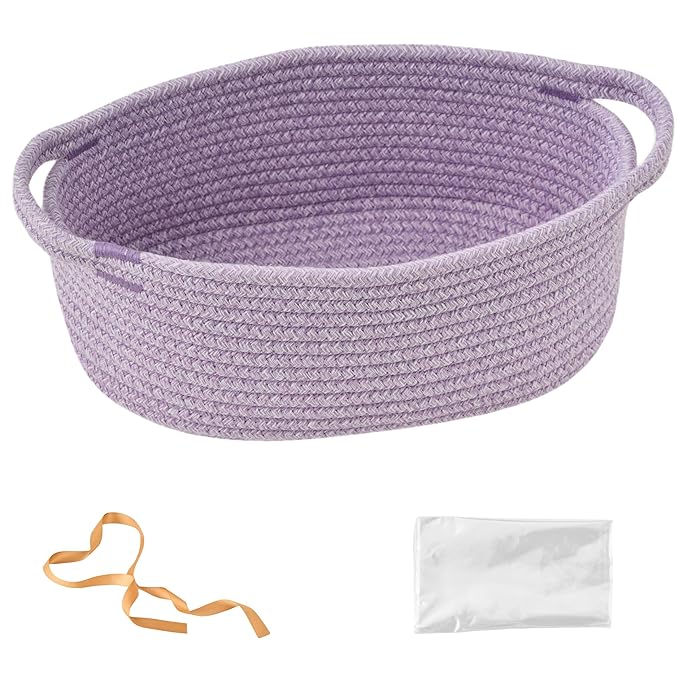 Small Woven Gift Basket Empty with Bag & Ribbon - Gifts for Mom, Baby Shower, Birthdays & Raffle - Cotton Rope Storage Basket for Dog Toys or Shelf - 12"x8"x5", Purple
