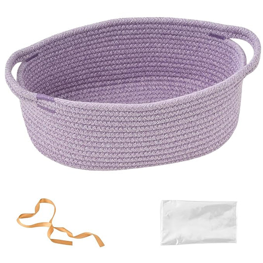 Small Woven Gift Basket Empty with Bag & Ribbon - Gifts for Mom, Baby Shower, Birthdays & Raffle - Cotton Rope Storage Basket for Dog Toys or Shelf - 12"x8"x5", Purple