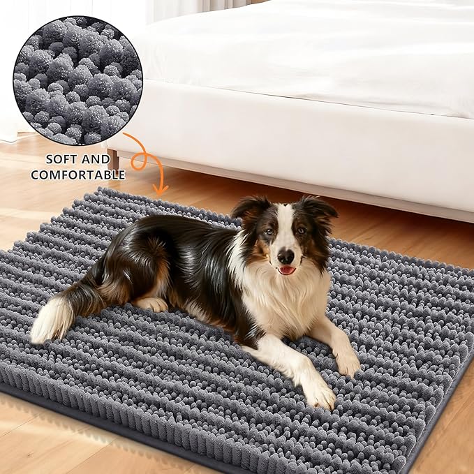 Smiry Dog Door Mat for Muddy Paws 32x21, Extra Soft Absorbent Chenille Doormat, Trap Moisture and Dirt, Non-Slip Machine Washable Front Door Mat for Indoor Entrance Inside Floor, Dark Grey
