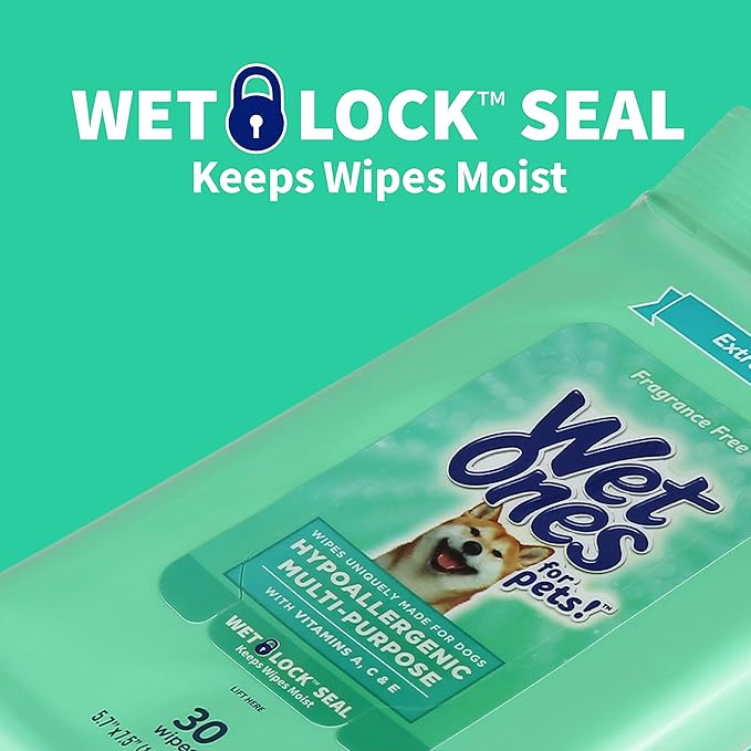 Wet Ones for Pets Multi-Purpose Dog Wipes With Vitamins A, C & E | Fragrance-Free Dog Wipes For All Dogs Wet Ones Wipes with Wet Lock Seal | 30 Count Pouch - 8 Pack