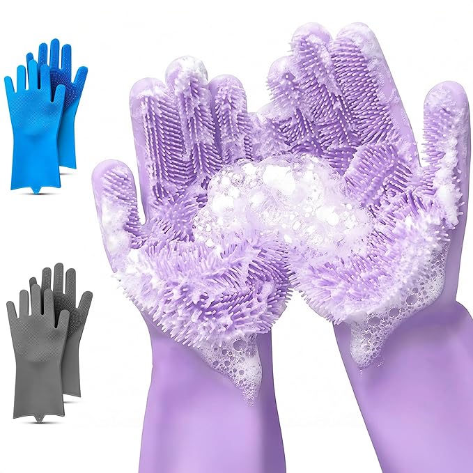 RZleticc Silicone Dish Gloves with Scrubbers – Thick Tear-Resistant Cat & Dog Washing Gloves for Bathing – Multi-Purpose Use