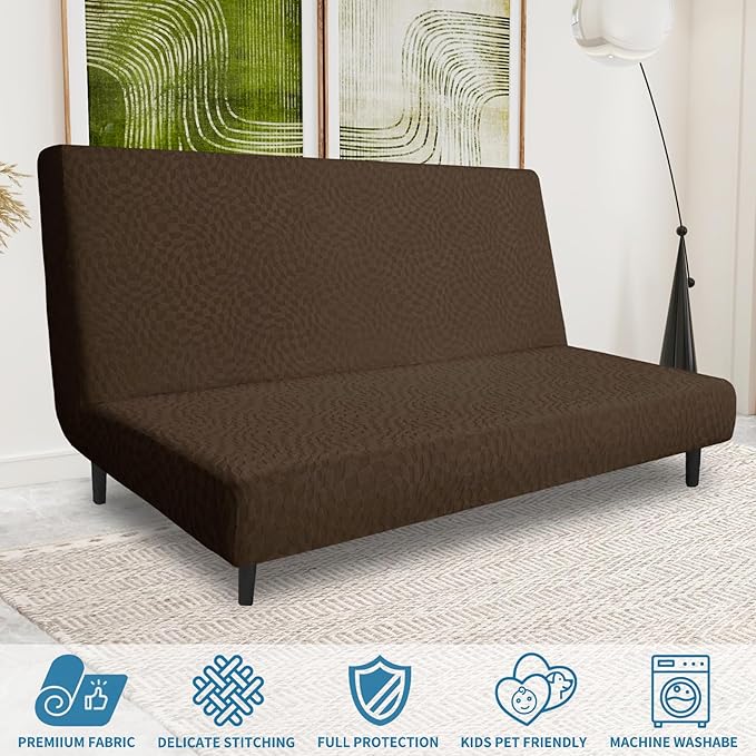 ZNSAYOTX Fashion Futon Cover (67"-82") Stretch Fit Armless Sofa Bed Slipcover, Universal Foldable Sofa Mattress Protector Full Queen Size, Irregular Plaid Texture Jacquard Futon Protector (Coffee)