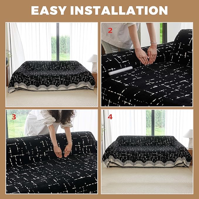 Couch Cover for 3 Cushion Sofa Pet Friendly Furniture Covers, Chenille Sofa Covers Washable L Shape, Boho Couch Blanket Cover with Tassel Decoration, 71"x 134", Black