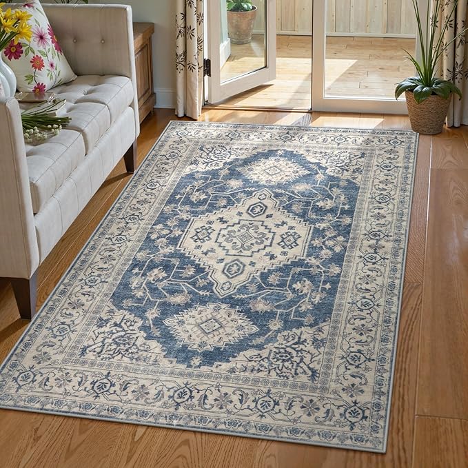 Lahome Oriental Area Rug, 3x5 Washable Rugs for Living Room Non Slip Entry Mat, Vintage Soft Pet Friendly Throw Carpet for Entryway Bedroom Dinning Room Eleanor, Blue