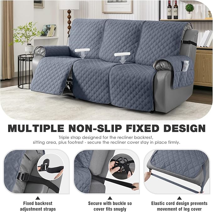 TAOCOCO 100% Waterproof Recliner Couch Covers, Recliner Sofa Covers with Leg Straps, 1-Piece Washable Reclining Sofa Cover with Pocket Couch Protector for Pets Kids(3 Seater, Bluish Grey)