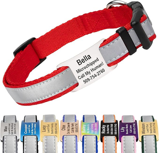 GoTags Reflective Personalized Dog Collar with Nameplate, Adjustable Dog Collar with Custom Engraved Steel Slide On Pet ID Tag, Silent, No Noise Dog Tag for Large Medium or Small (Red, Large)