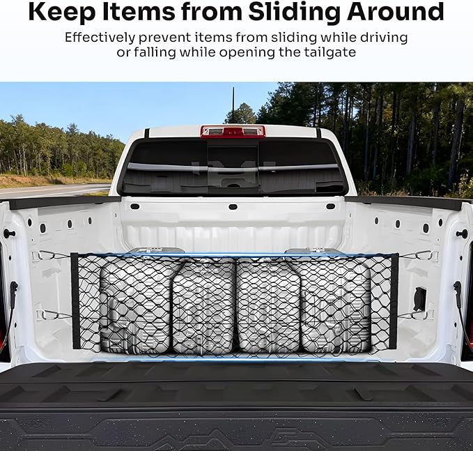 Trunk Cargo Net for 2023-2025 2026 Chevy Colorado &GMC Canyon Accessories Envelope Style Mesh Trunk Net Organizer and Storage Stretchable Adjustable Elastic Nylon Rear Cargo Netting with Hooks