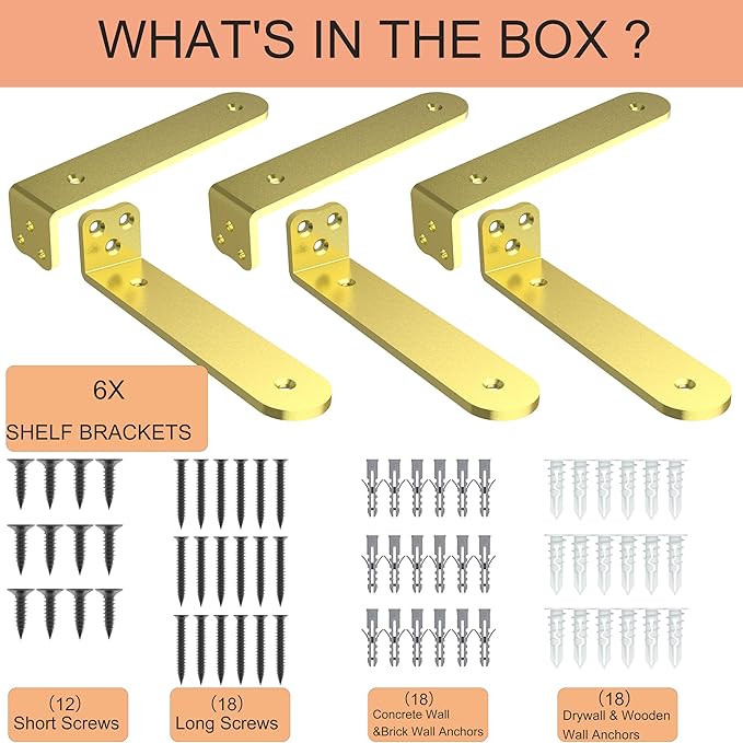 Eurydice Heavy Duty Floating Shelf Brackets, 1/4 inch Thick L Brackets, (8 in 6 Pack Gold), Holds 200 lb, Rounded Arc Edge, One-Piece, 3 Hole Mounting for Wood Shelves in Kitchen, Garage, Office, DIY