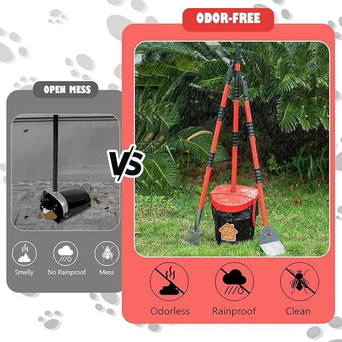 HUZSV Dog Pooper Scooper With Bag Attachment,Heavy Duty Metal Rake&Spade Swivel Bin,NonBreakable Poop Scoop for Small Large Dogs,Includes 100 Waste Bag Odorless Design Easy to Use on Grass,Dirt,Gravel