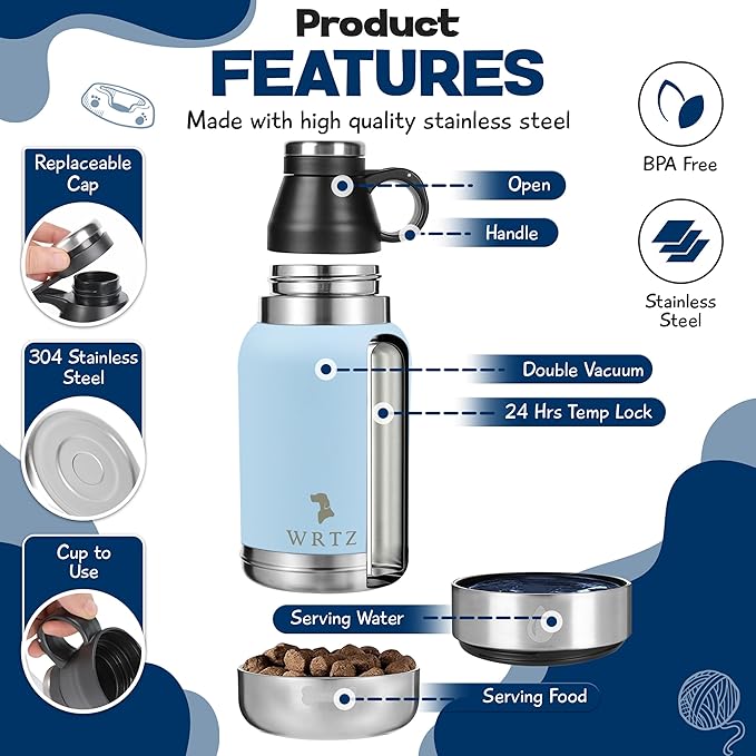 Stainless Steel Insulated Water Bottle with 2 Removable Water Bowls for Dogs – Leak-Proof Portable Dog Water Bottle - Travel Accessories for Dogs - 32oz - Blue