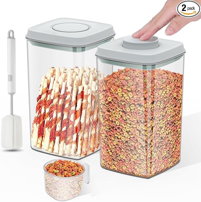 LEAWALK 4.2Qt 2Pack Airtight Dog Cat Food Storage Container and Dog Treat Containers BPA-Free, PET Clear Stackable Pet Storage Bin, 1 Cup Scoop, 1 Sponge cleaning brush, Pop Top, With handle (Grey)