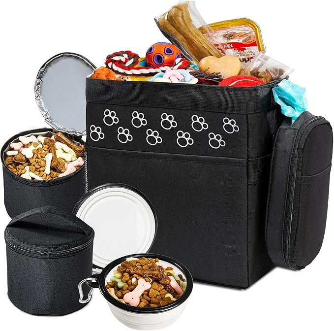 CLAWIST Dog Travel Bag - Airline Approved, 2 Food Containers, 2 Bowls, Treat Pouch & Accessories