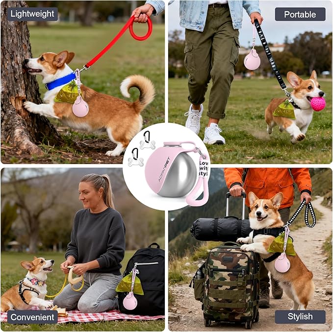Portable Dog Water Bottle 10oz Stainless Steel Travel Dog Water Dispenser with Bowl No-Spill Puppy Water Bottle for Walking Hiking Small Dog Water Bottle, Includes Waste Bag Holder