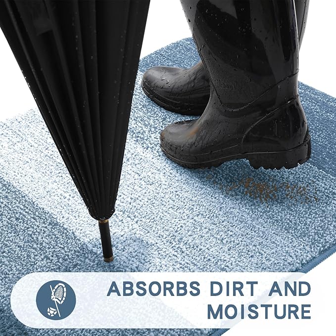 Kitinjoy Indoor Outdoor Door Mat, 48x30 Non-Slip Absorbent Dirt Trapper, Low-Profile Washable Inside Entrance Front Floor Mat, Sturdy Soft Entry Doormats for Entryway, Light Blue
