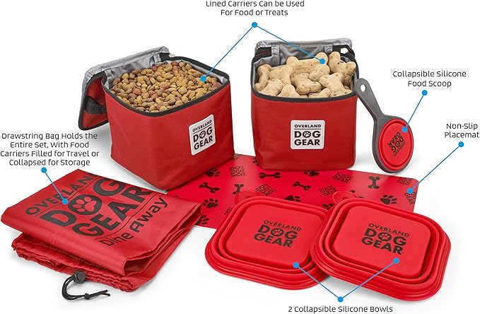 Mobile Dog Gear, Dine Away Dog Travel Bag for Medium and Large Dogs, Includes Lined Food Carriers and 2 Collapsible Dog Bowl, Collapsible Scooper and Placemat, Red