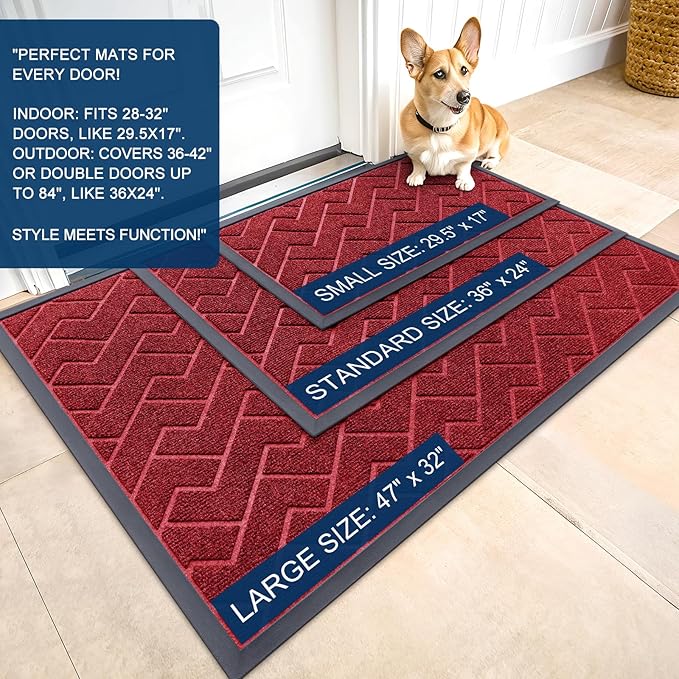 OLANLY Front Door Mat Indoor Outdoor Entrance, Waterproof All-Season, All-Weather Doormat, Sturdy Natural Rubber, Low Profile, Easy Clean Patio Porch Entryway Mat, Herringbone Brick (Wine Red, 35x23)