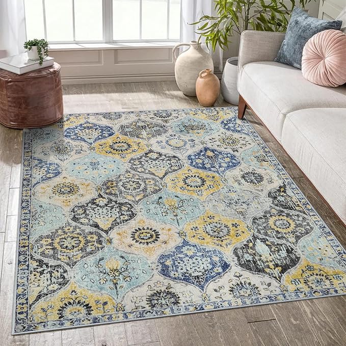 Lahome Moroccan Trellis Washable Small Area Rug, 3x5 Area Rug for Bedroom Living Room, Non-Slip Oriental Throw Carpet for Kitchen Office Entryway Bathroom Office Elise, Yellow/Aqua