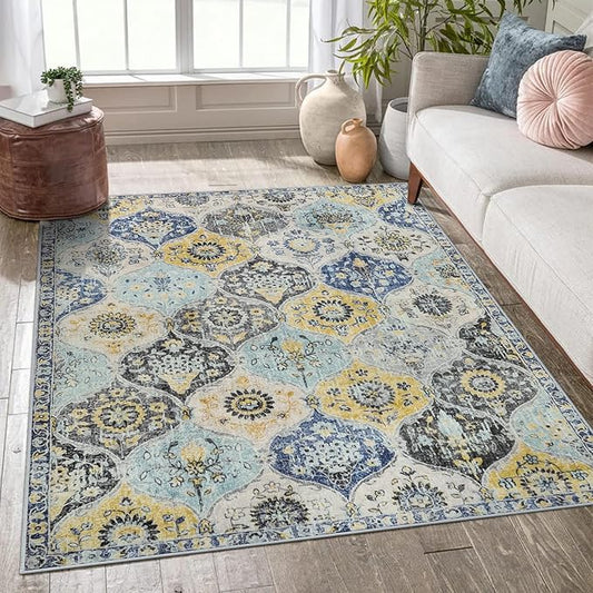 Lahome Moroccan Trellis Washable Small Area Rug, 3x5 Area Rug for Bedroom Living Room, Non-Slip Oriental Throw Carpet for Kitchen Office Entryway Bathroom Office Elise, Yellow/Aqua
