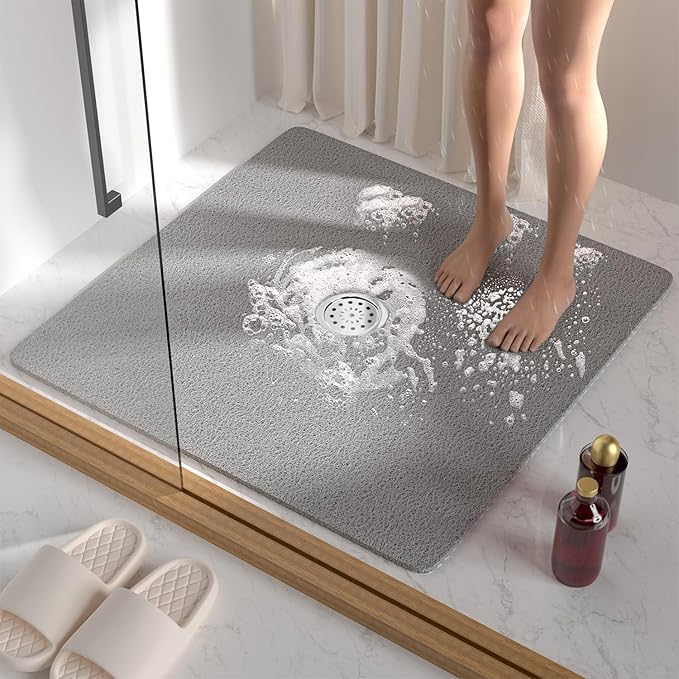 HITSLAM Square Shower Mat, 27 x 27 Inch Non Slip Bath Mat for Tub, Soft PVC Loofah Bathtub Mats with Drain Holes, Quick Drying Bathroom Stall Floor Mat, Bathroom Accessories Without Suction Cup, Grey