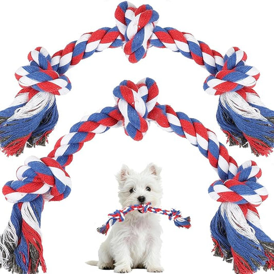 SZEE 2Pcs July 4th Dog Rope Toy for Small Breeds, 14 in 3 Knots Chew Rope Patriotic Toys for Dogs, Pull Toy for Tug of War, Energy Release, Boredom Relief and Teeth Cleaning (Pink & Orange)