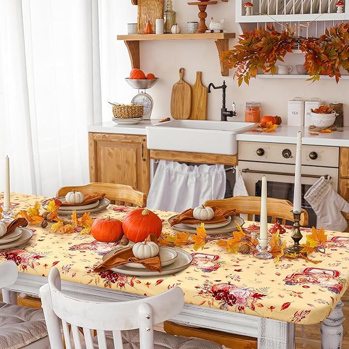misaya Rectangle Vinyl Tablecloth, Fitted Table Cover, Waterproof, Elastic Edge, Flannel Backing, Plastic Table Cloth Fit 6 Foot Folding Tables for Fall, Thanksgiving (Pumpkin Truck, 30x72 inch)