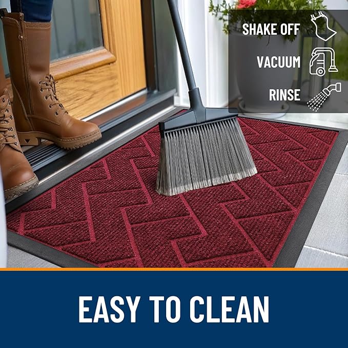 OLANLY Front Door Mat Indoor Outdoor Entrance, Waterproof All-Season, All-Weather Doormat, Sturdy Natural Rubber, Low Profile, Easy Clean Patio Porch Entryway Mat, Herringbone Brick (Wine Red, 35x23)