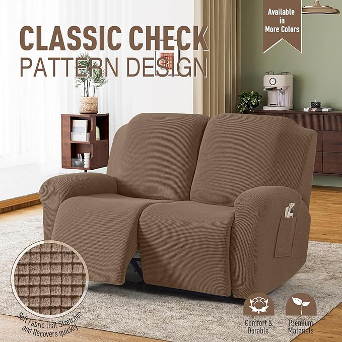 TAOCOCO Recliner Loveseat Slipcover, 6 Pieces Dual Recliner Sofa Covers for 2 Seat Dual Reclining Loveseat Couch, Stretch Soft Jacquard Pattern Furniture Protector with Elasticity (Khaki)