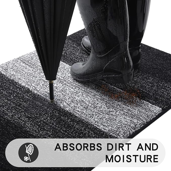 Kitinjoy Indoor Outdoor Door Mat, 59x36 Non-Slip Absorbent Dirt Trapper, Low-Profile Washable Inside Entrance Front Floor Mat, Sturdy Soft Entry Doormats for Entryway, Black