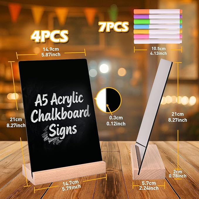 4 Pack Mini Chalkboard Signs - 8x6 inch Acrylic Chalk Board - Small Chalkboard Signs with Beech Base - Double Sided Blackboard for Display Menus, Food Signs, Message Boards, Table Numbers