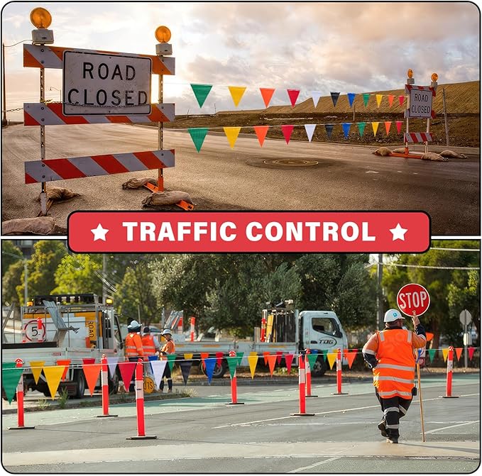 105ft Pennant Banner Flags, 7x10 Multicolor 45 Pcs High Visibility Safety Flagging on String, Triangle Pool Flags for Backstroke, Construction Events Party Decoration Parking Marking Outside